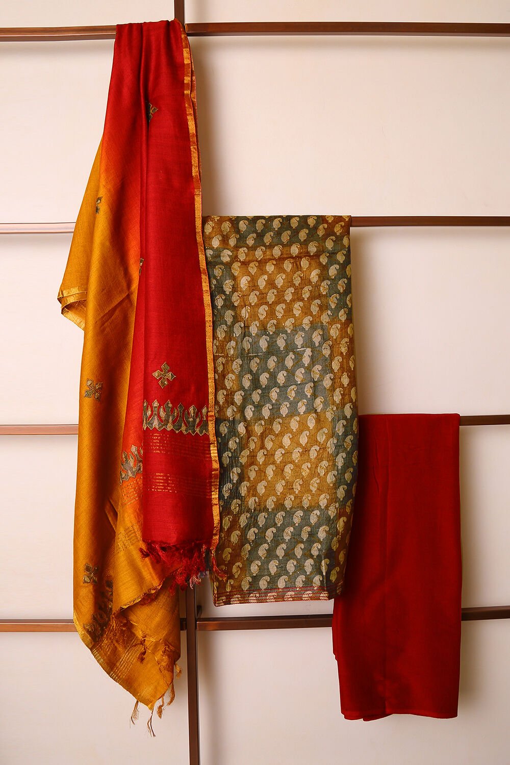 Multicolored Block-printed Pure Tussar Silk Suit Set image number null