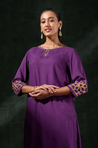 Dark Violet Viscose Embroidered Kurta thumbnail image number null