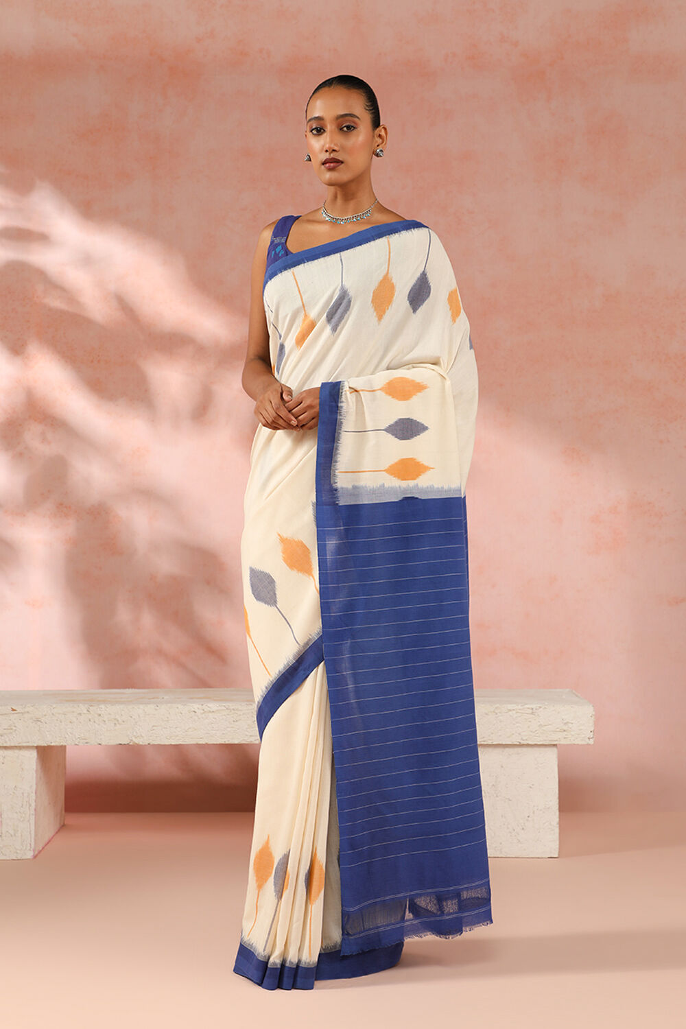 Off White Pure Cotton Pochampalli Ikat Saree image number null