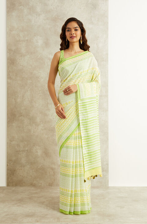 Yellow Screen Printed Pure Cotton Mulmul Bengal Saree