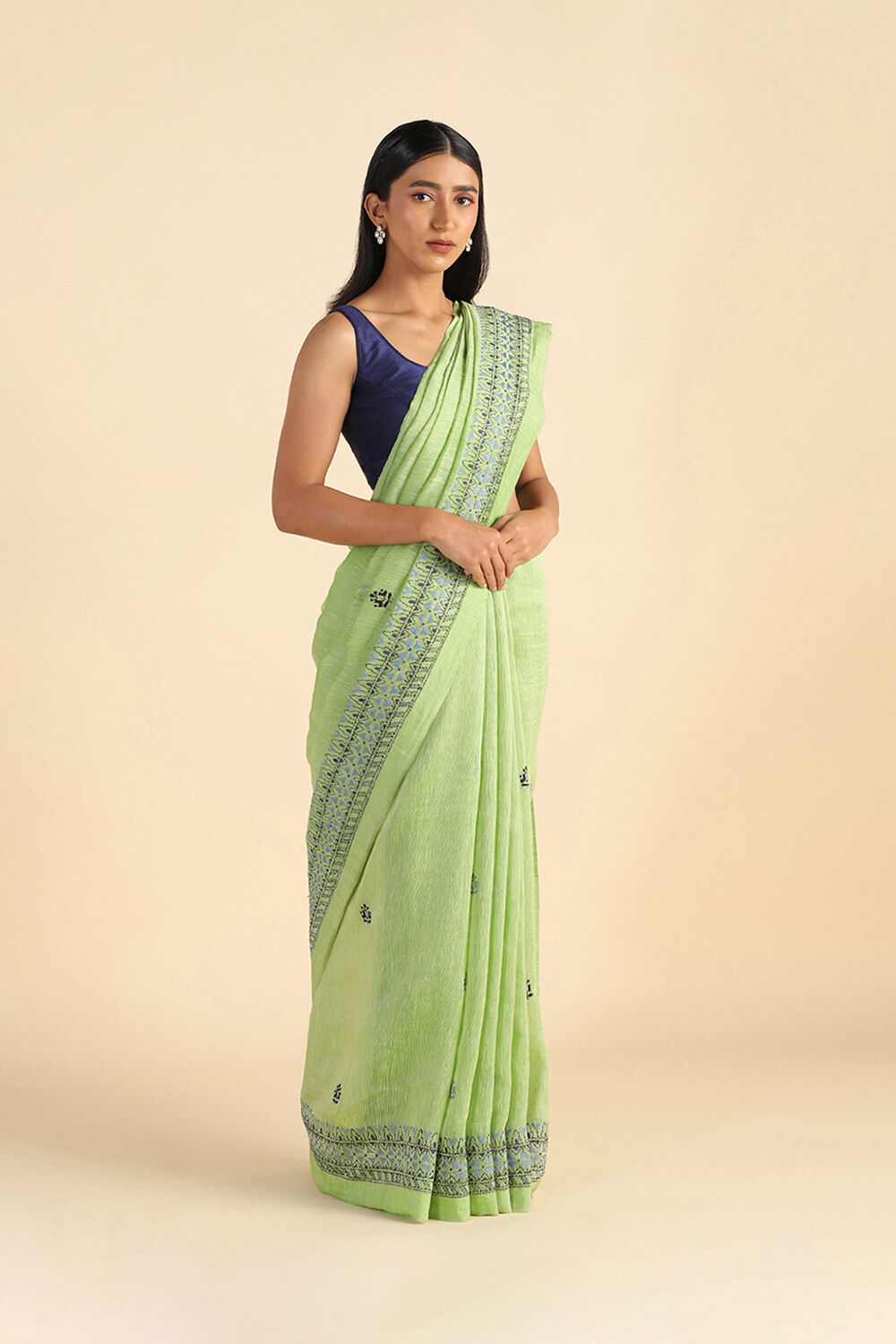 Green Embroidered Pure Silk Linen Saree image number null