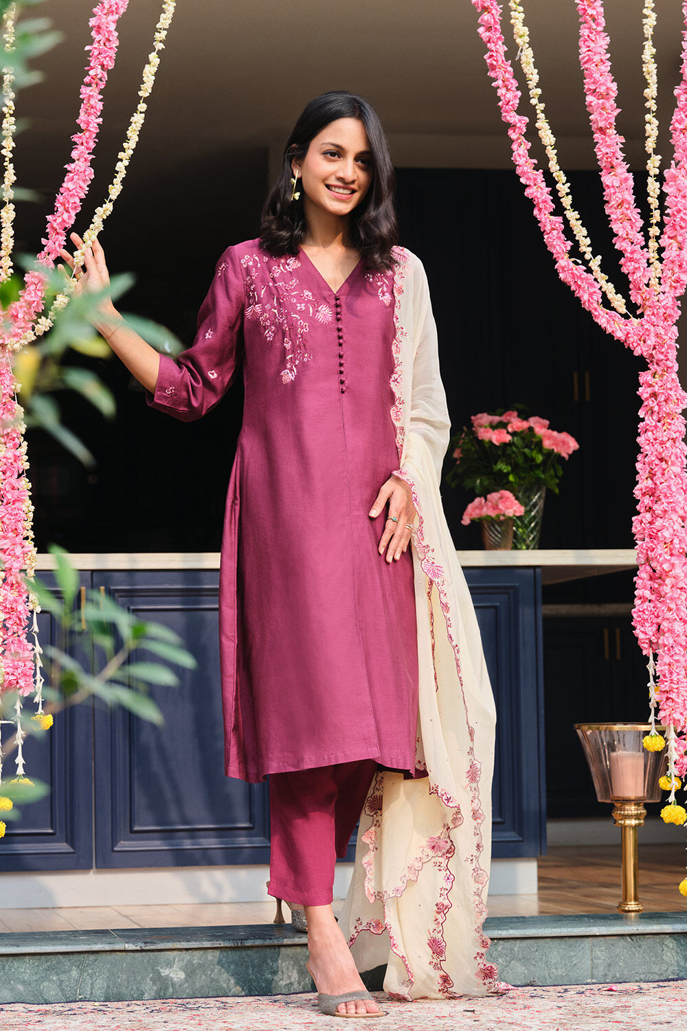 Purple Embroidered Silk Cotton Kurta Set image number null
