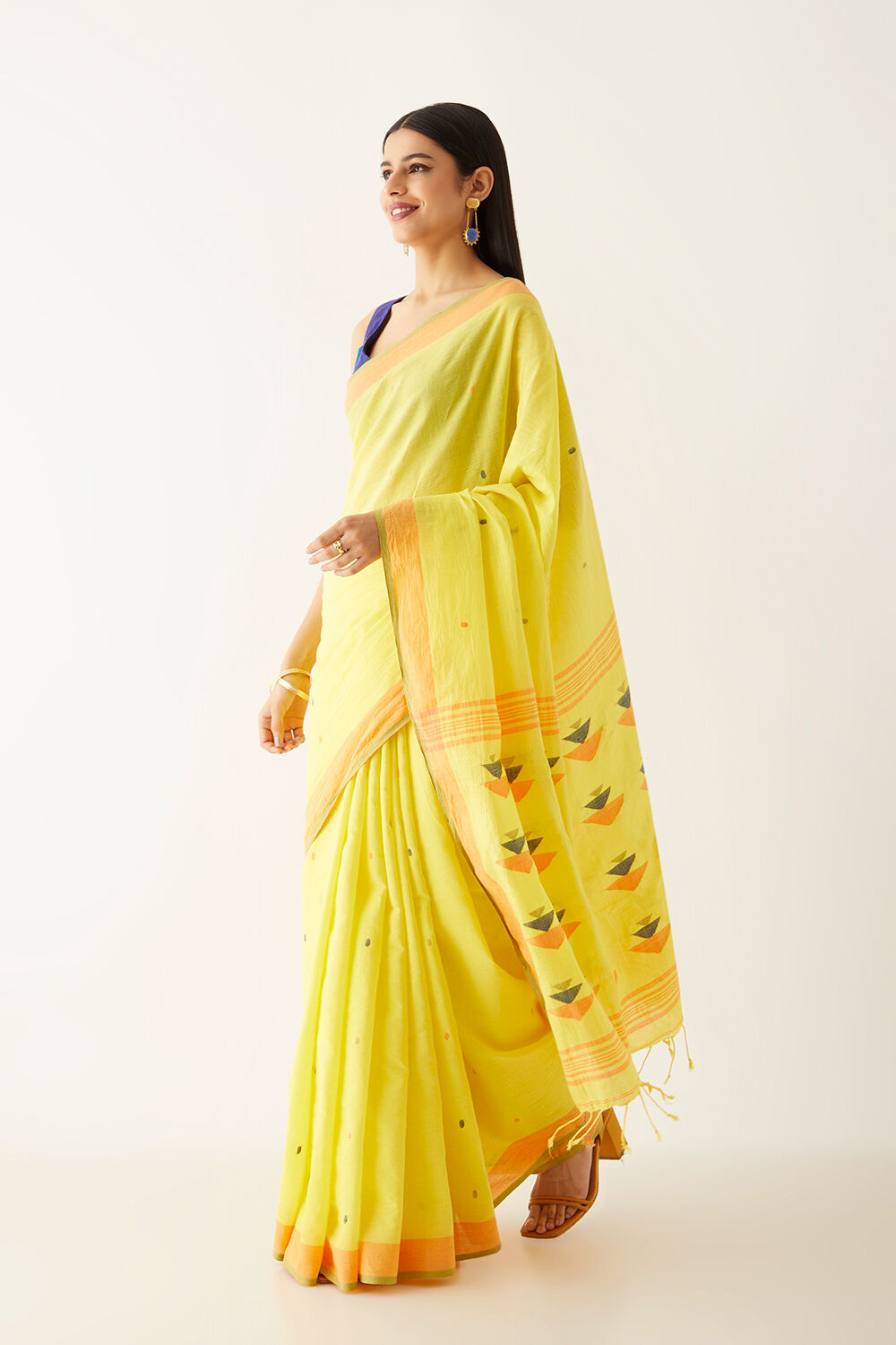 Yellow Pure Cotton Bengali Jamdani Saree image number null