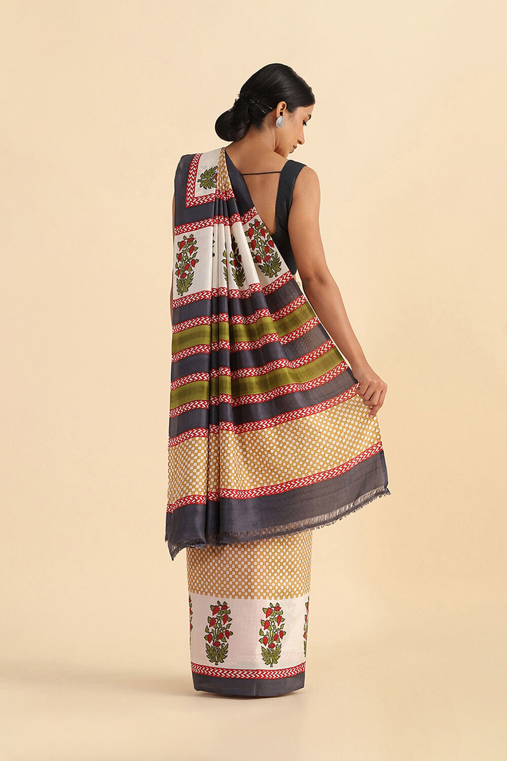 Beige Hand Blockprinted Pure Silk Saree image number null