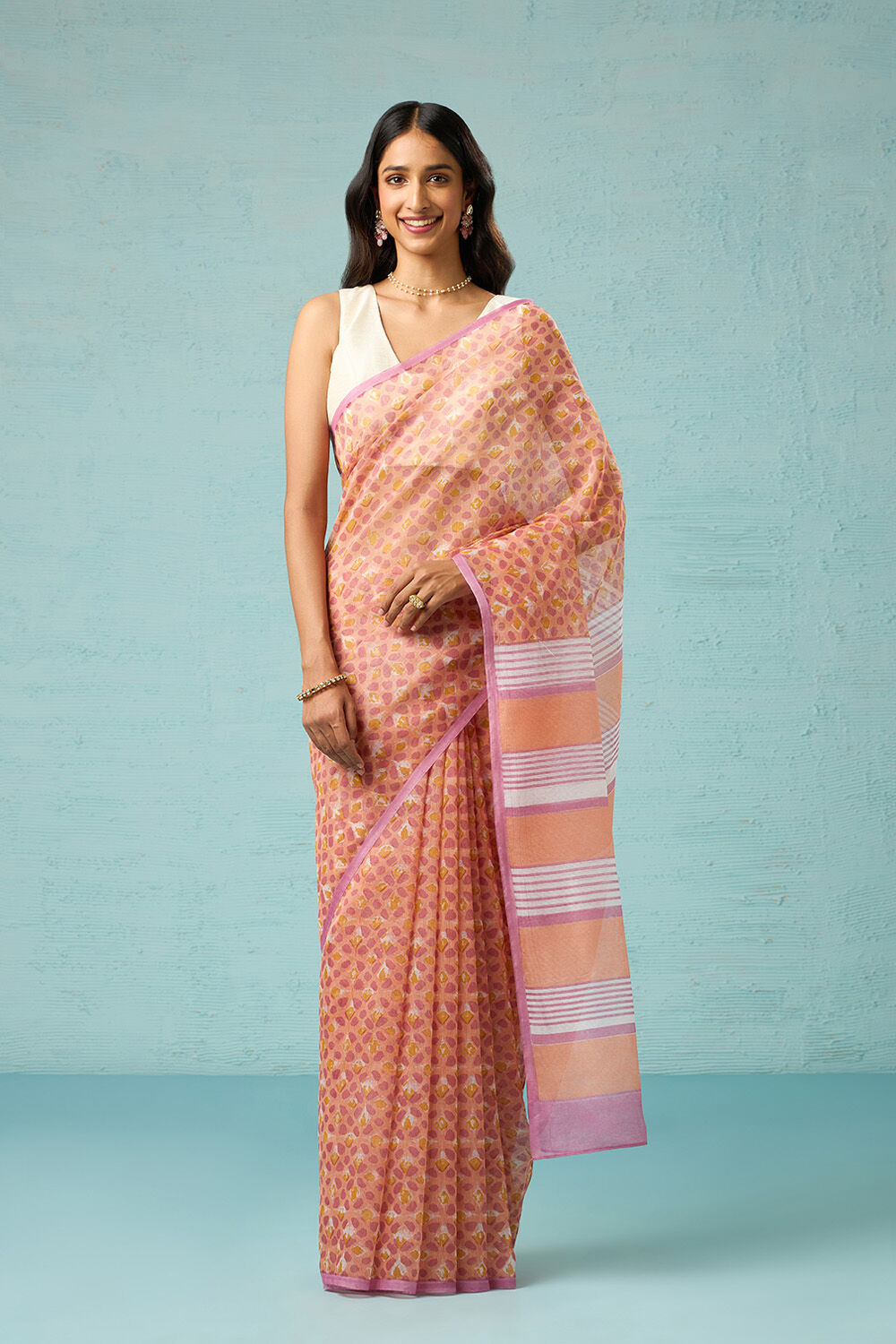 Orange Screen Printed Pure Silk Cotton Saree image number null