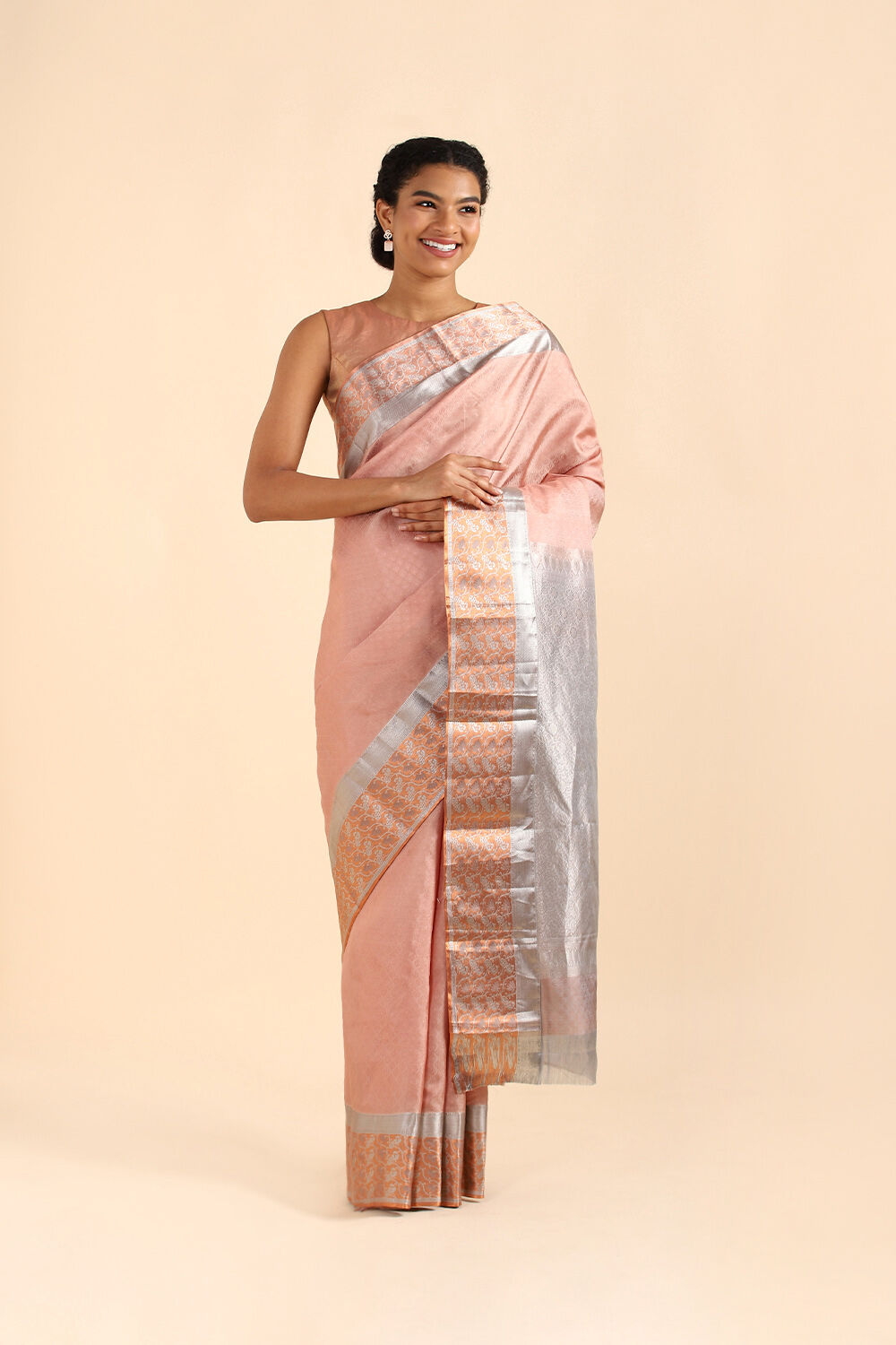 Light Orange Pure Silk Kanjivaram inspired Saree image number null