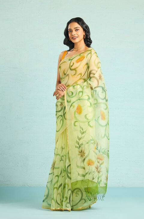 Yellow Pure Silk Organza Hand Painted Banarasi Saree