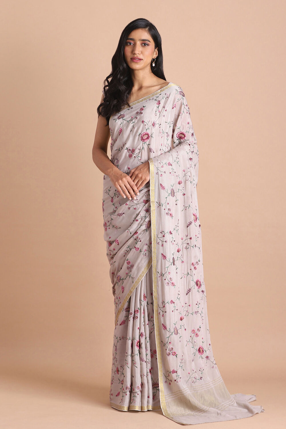 Grey Pure Viscose Embroidered Saree image number null