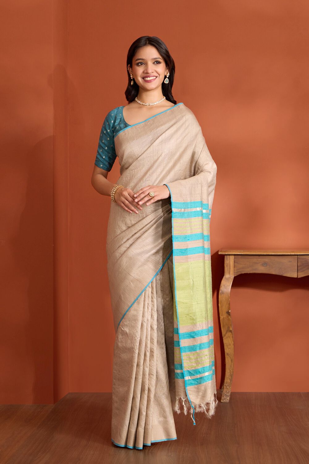 Beige Pure Tussar Silk Bhagalpur Woven Saree image number null