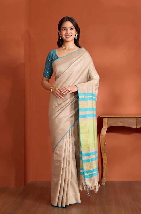 Beige Pure Tussar Silk Bhagalpur Woven Saree