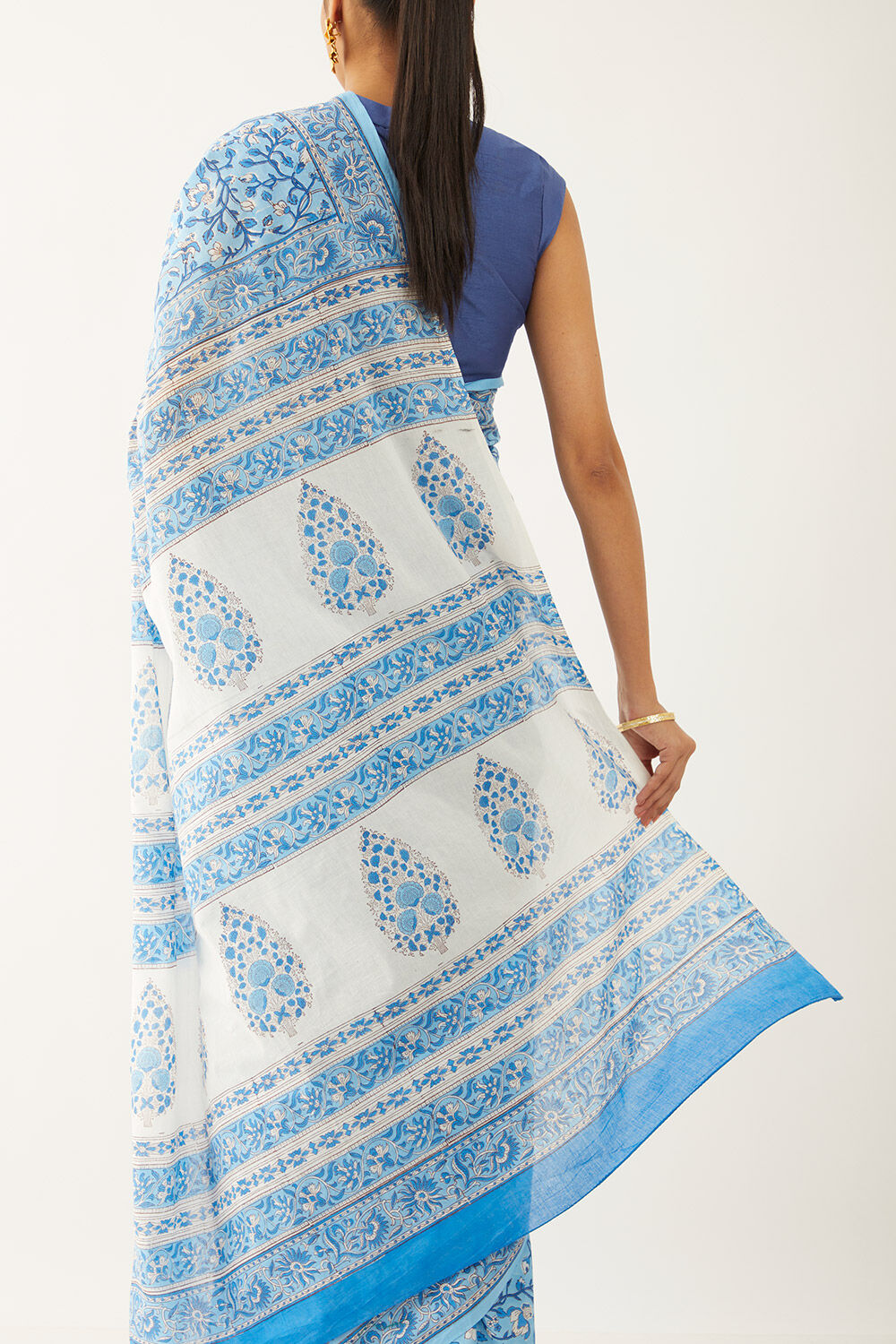 Blue Pure Cotton Block Print Saree image number null