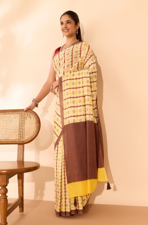 Yellow Screen Printed Bengal Mulmul Saree