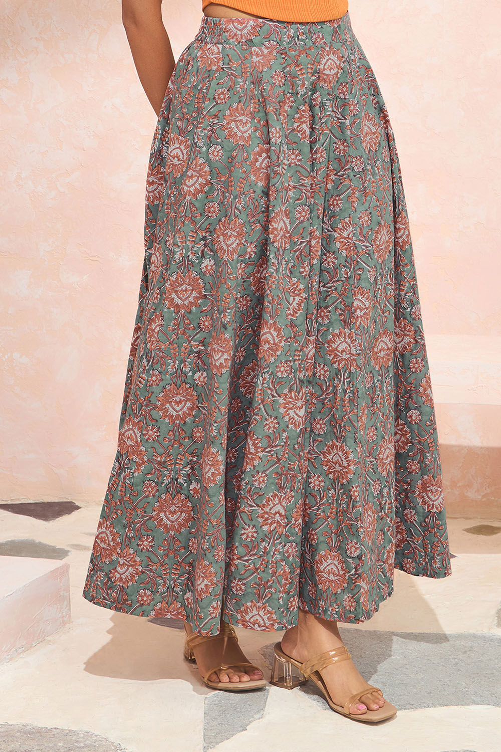 Dark Green Block Printed Pure Cotton Skirt image number null