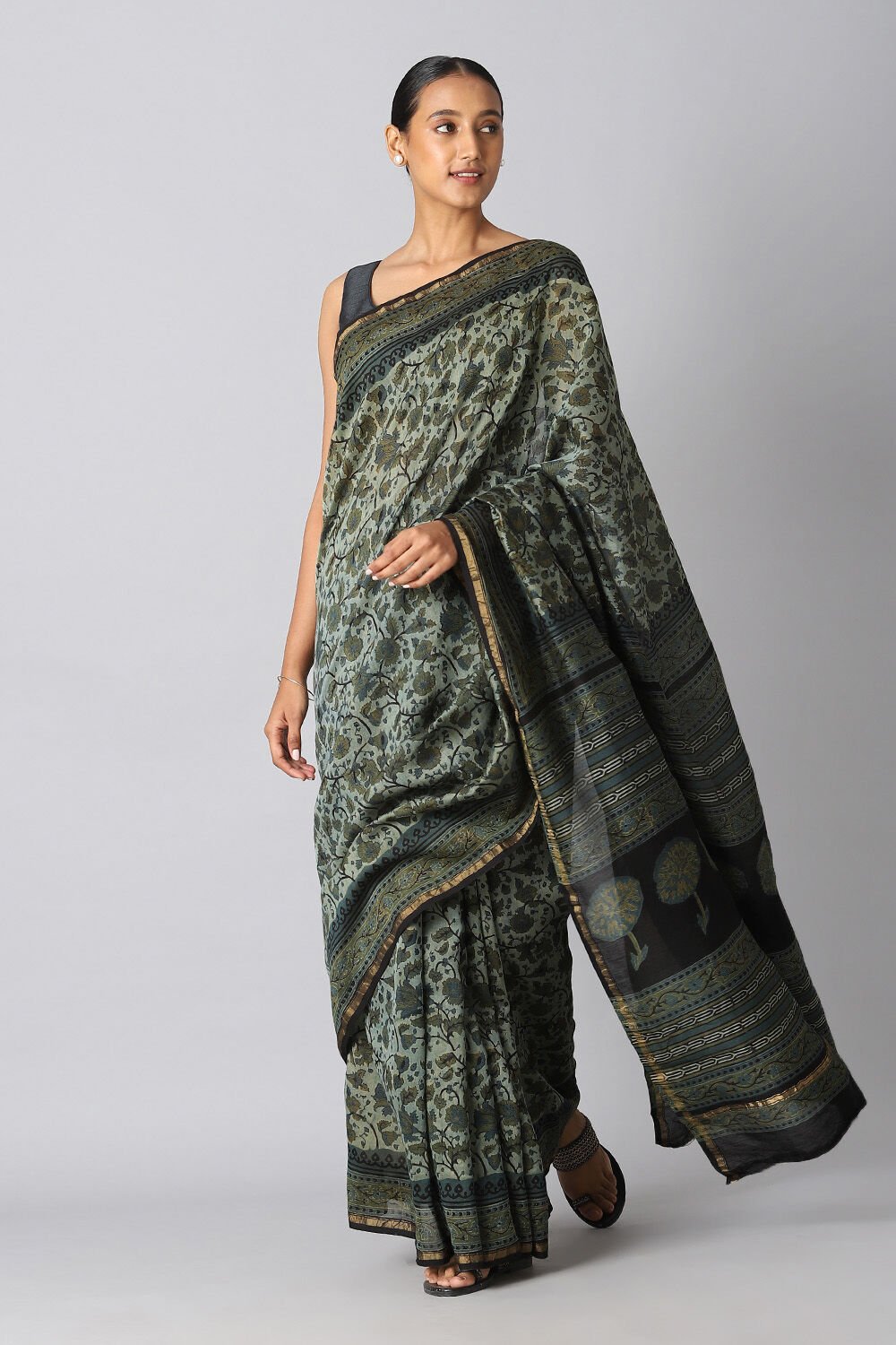 Dark Green Pure Silk Cotton Bagru Printed Saree image number null