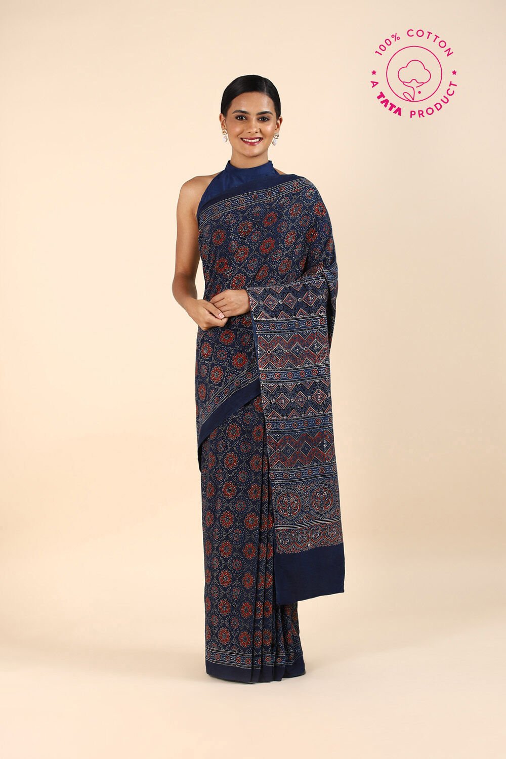 Blue Pure Cotton Ajrakh Printed Saree image number null