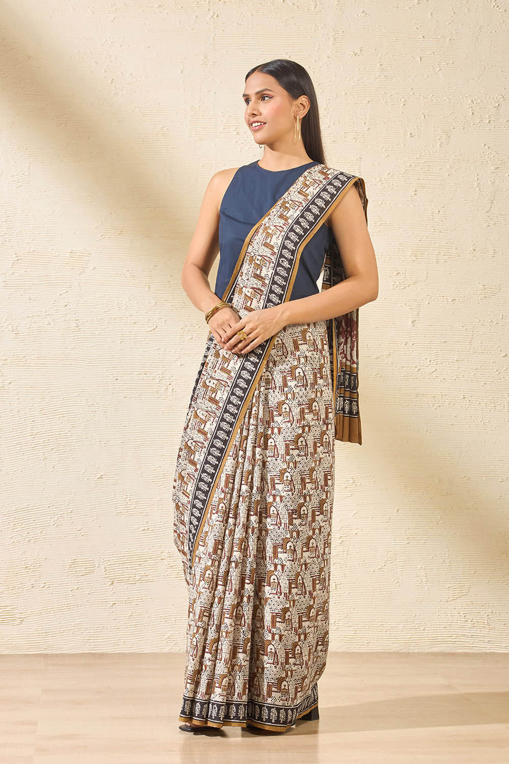 Beige Bagru Block Printed Pure Cotton Saree image number null