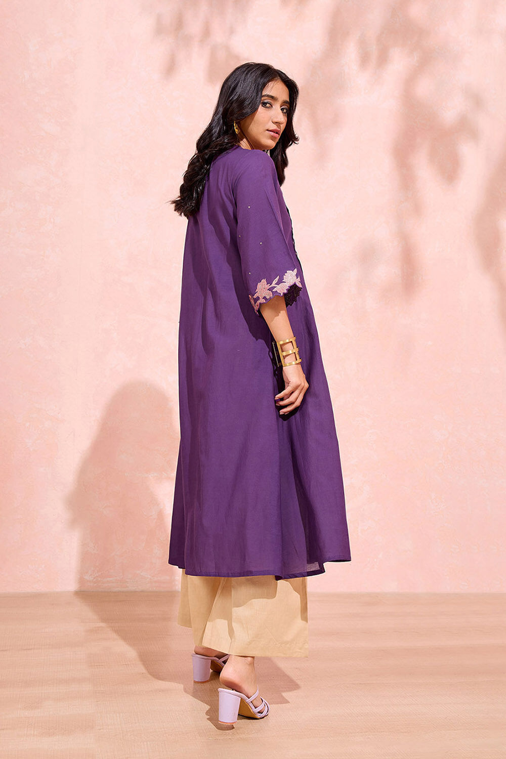 Dark Violet Cotton Viscose Embroidered Kurta image number null