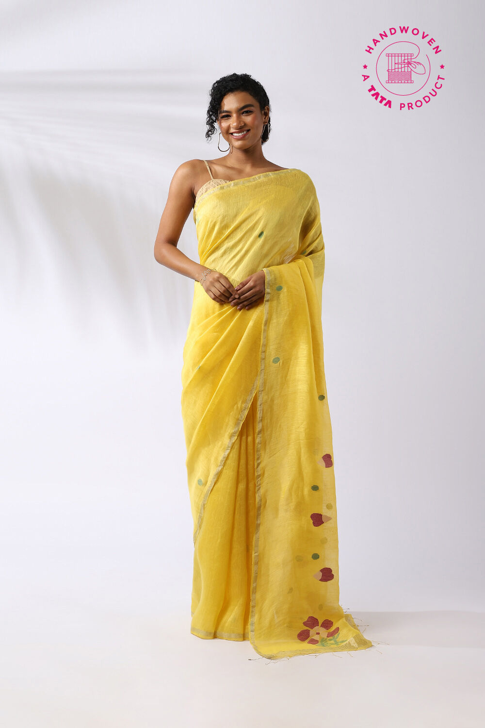 Yellow Pure Silk Linen Jamdani Saree image number null