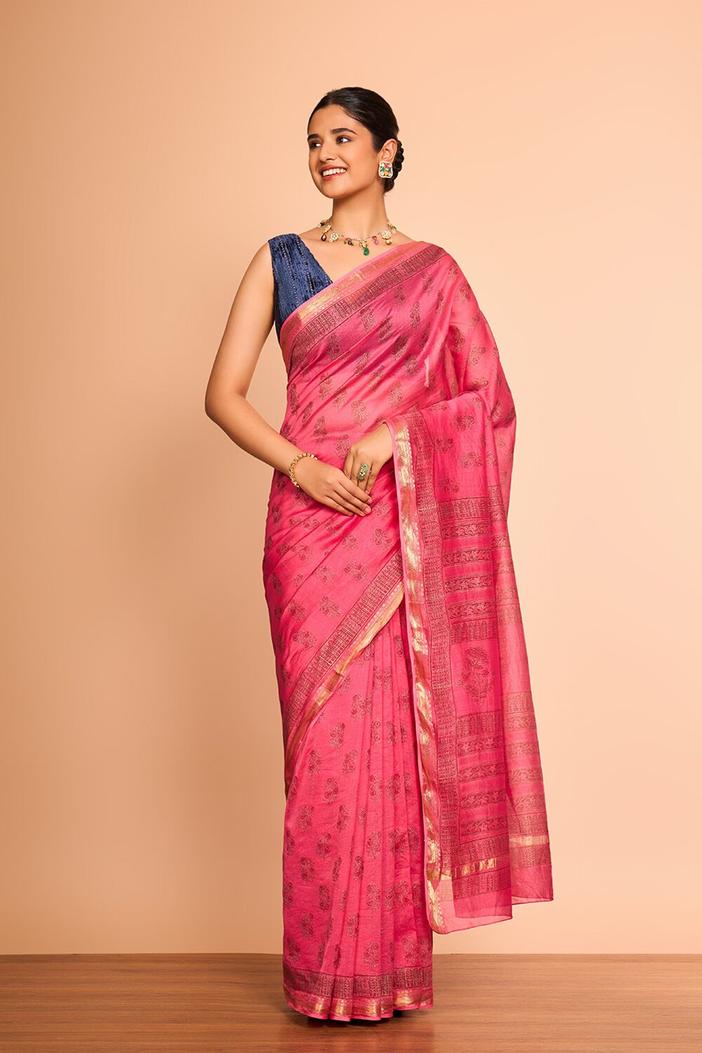 Pink Rajasthan Pure Silk Cotton Printed Sanganeri Saree image number null