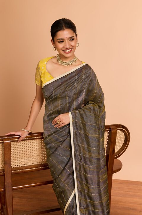 Brown  Pure Tissue Organza Hand Painted Embroidered Saree