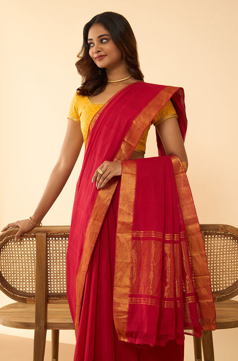 Dark Red Woven Pure Cotton Mangalgiri Saree