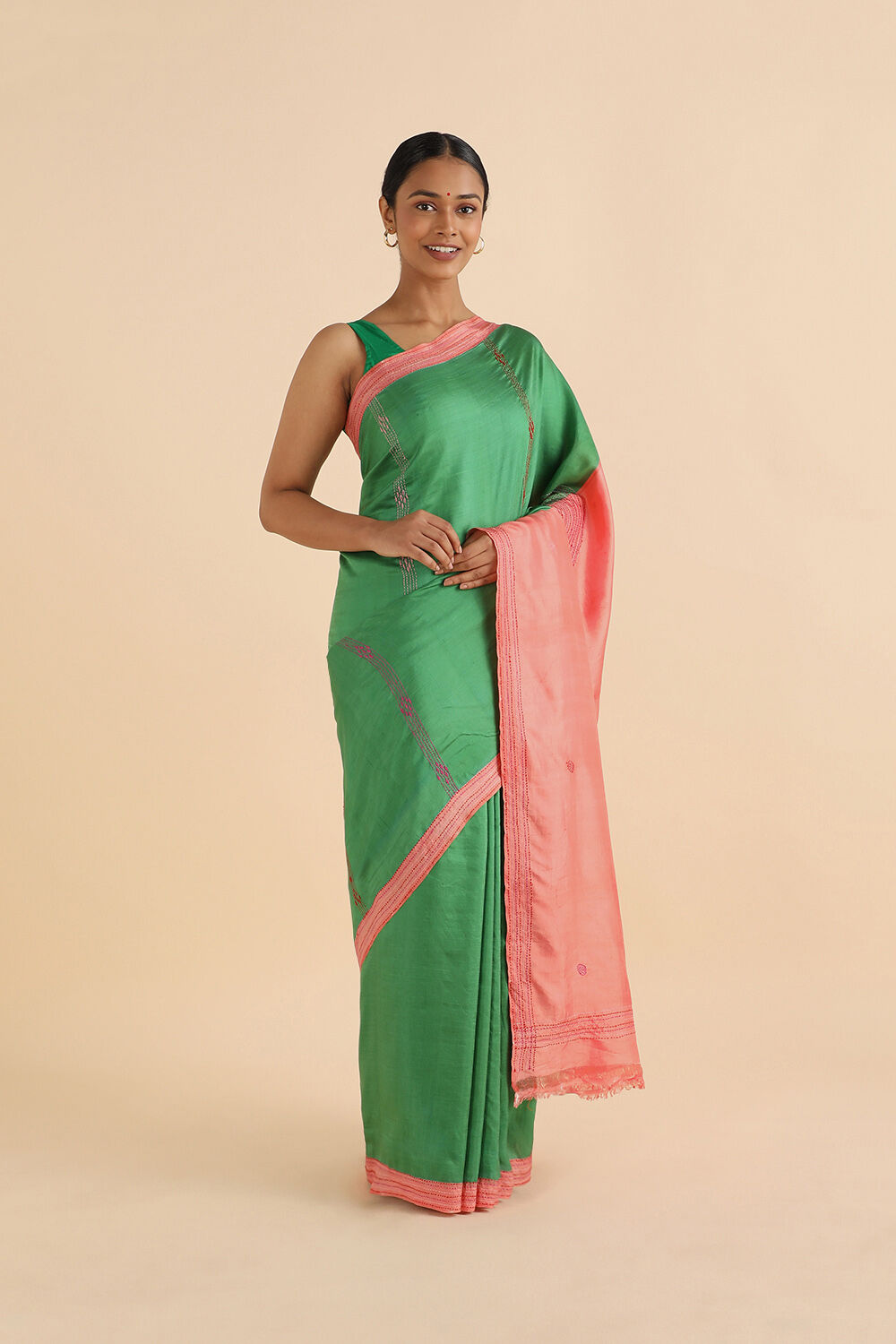 Green Pure Silk Kantha Saree image number null