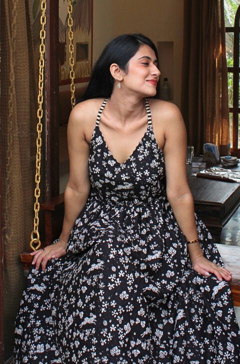 Black Bagru Block Printed Pure Cotton Dress