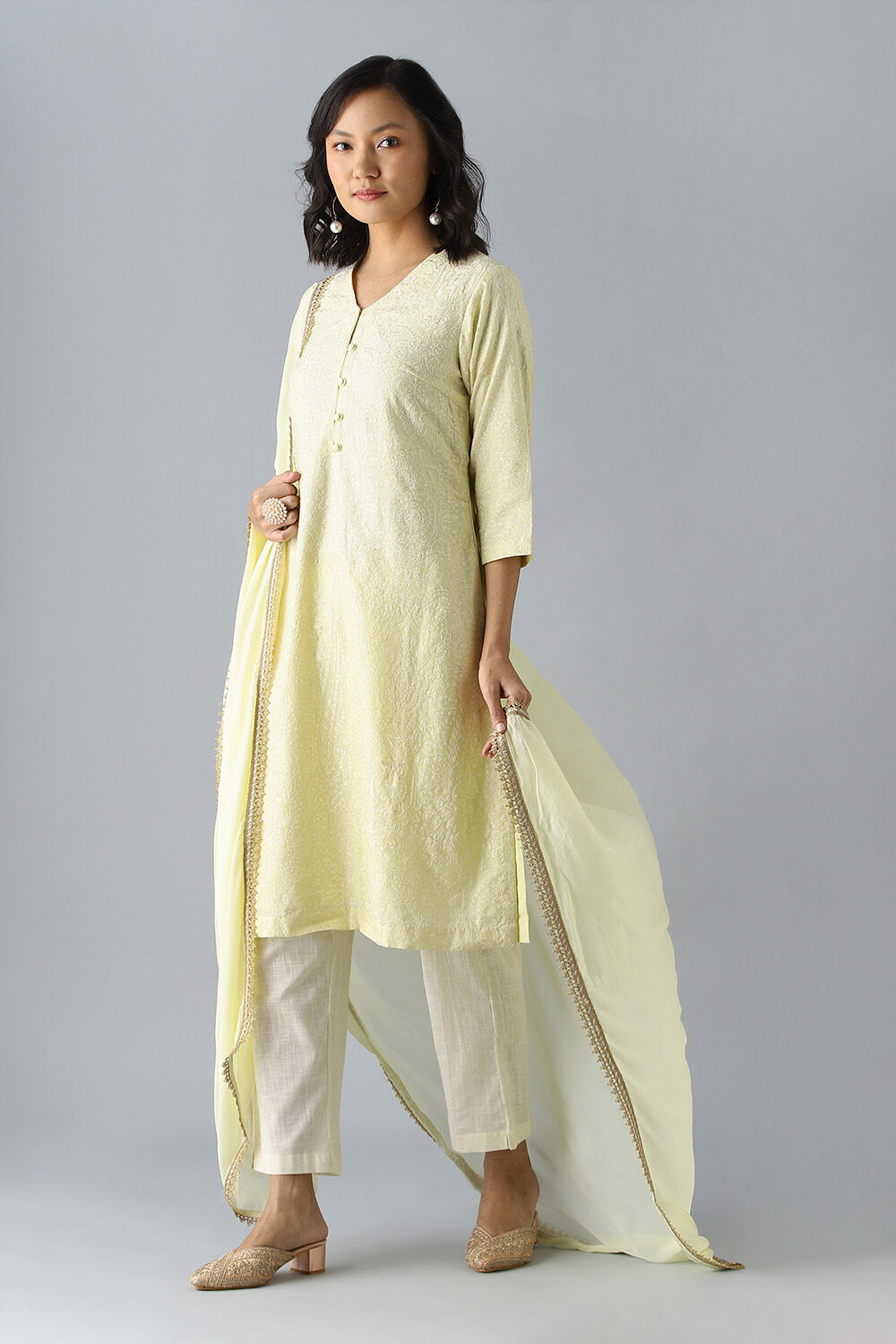 Light Yellow Silk Cotton Embroidered Kurta Set image number null
