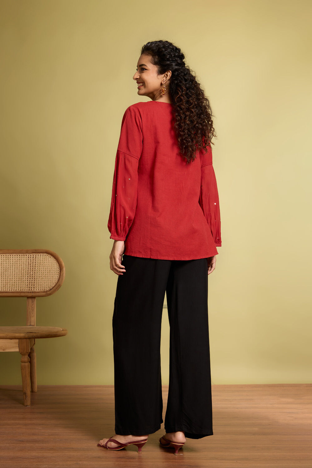 Dark Orange Pure Cotton Linen Mukaish Embroidery Short Top image number null