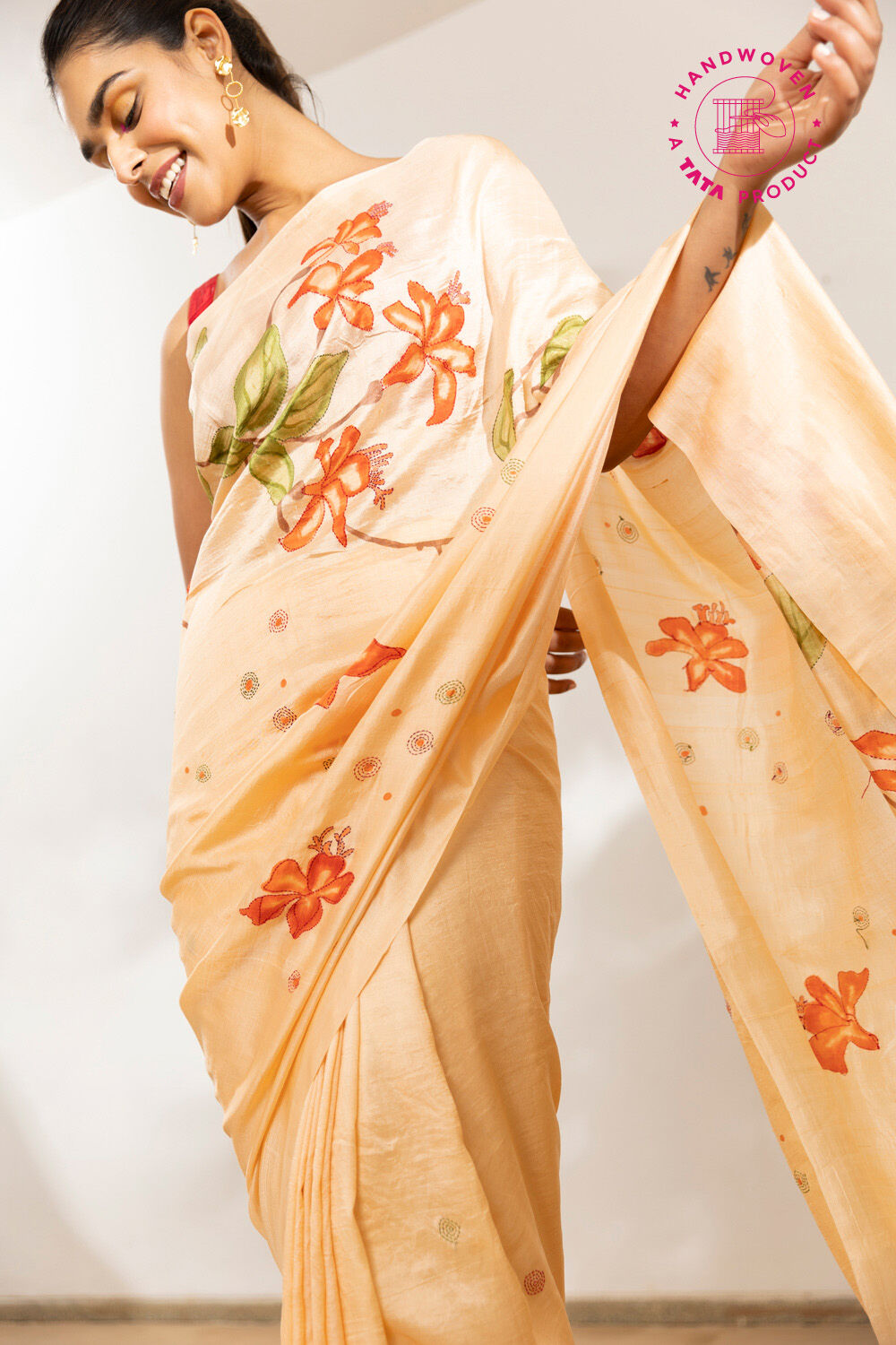 Light Yellow Pure Silk Hand Painteded Saree image number null