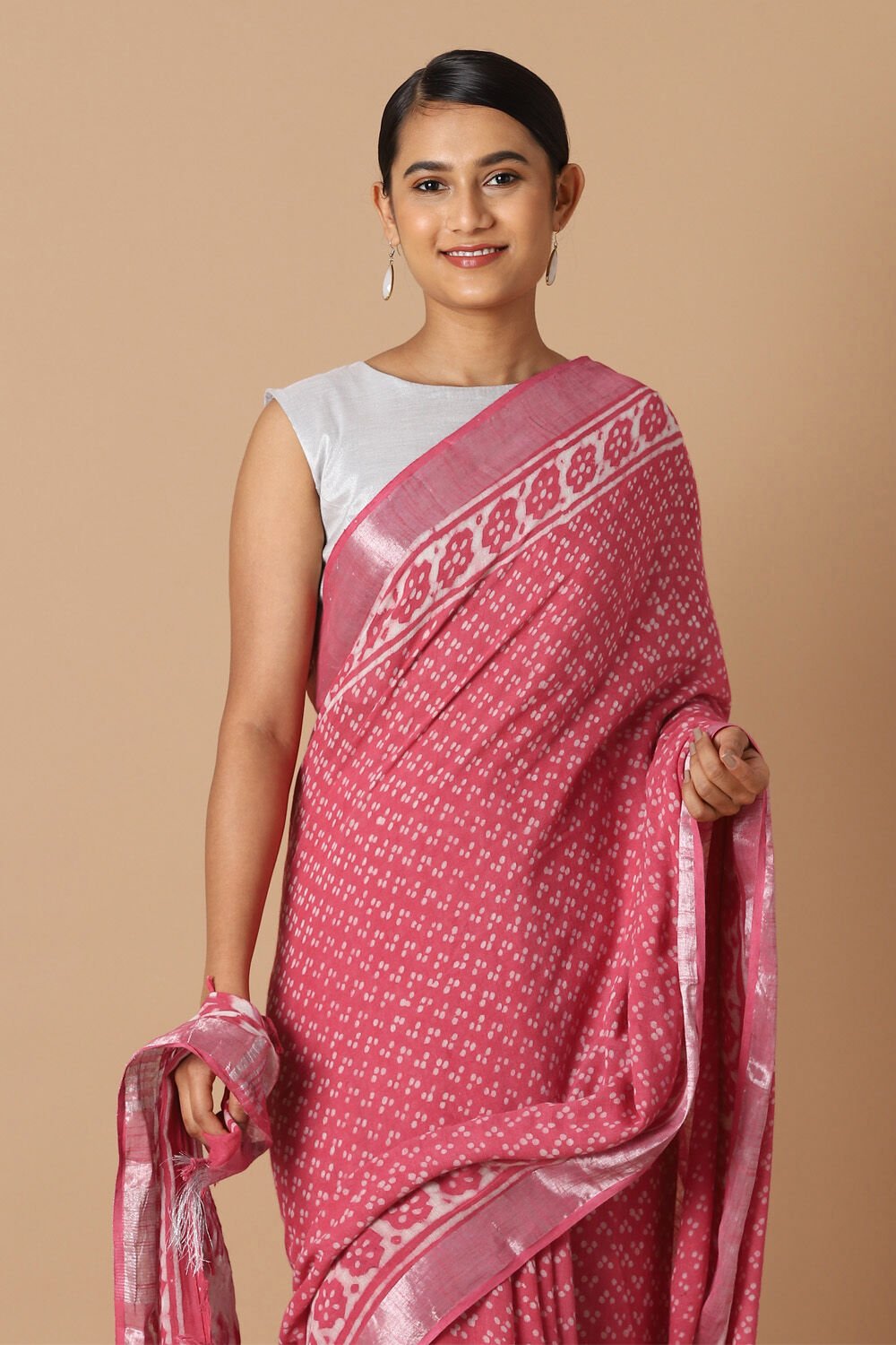 Pink Pure Cotton Linen Bagru Printed Saree image number null