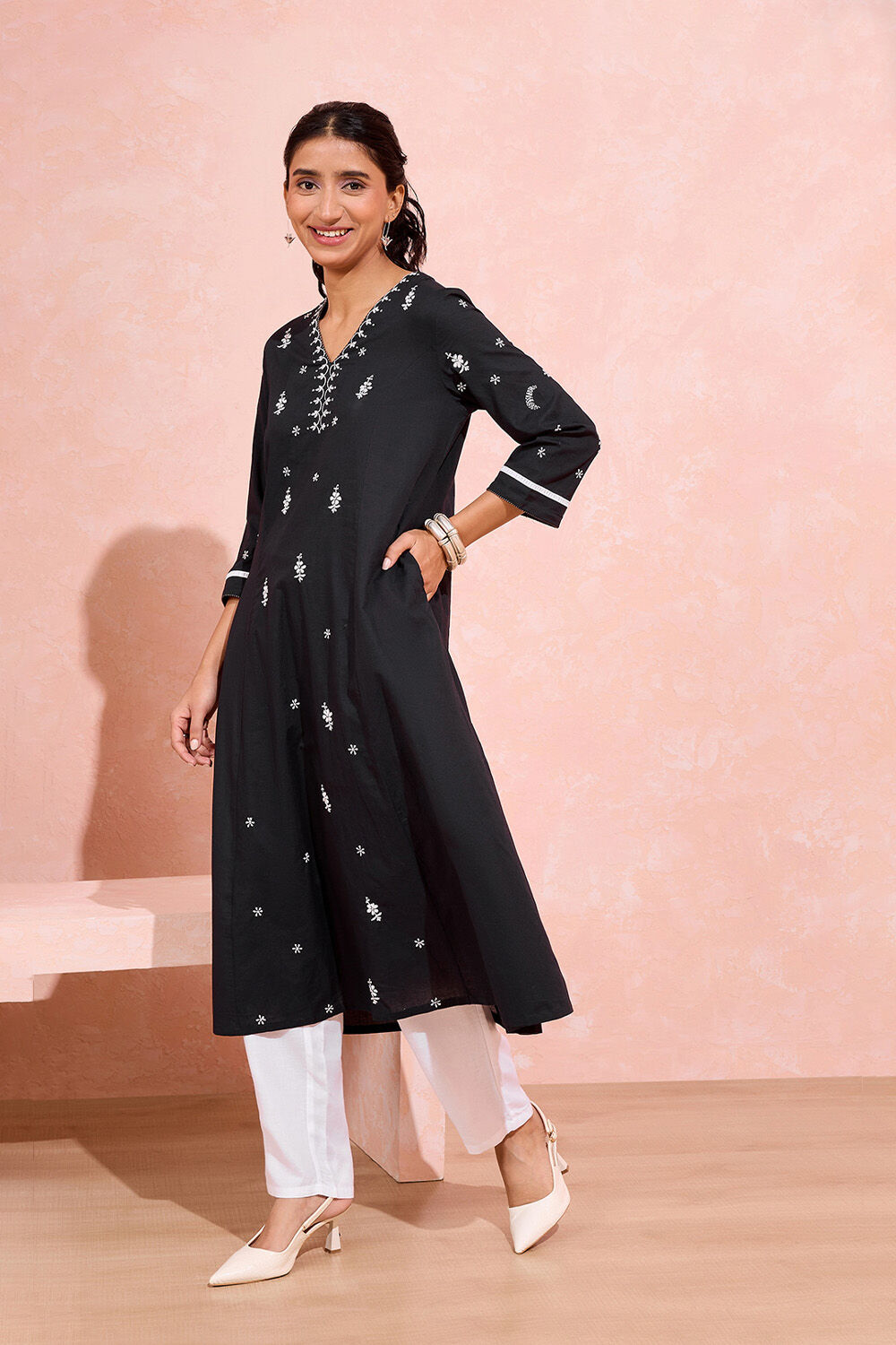 Black Cotton Chikankari Kurta image number null