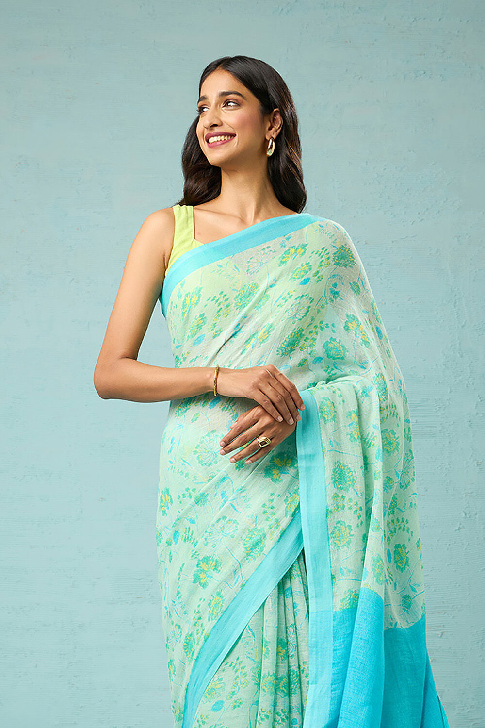 Blue Screen Printed Pure Linen Saree image number null