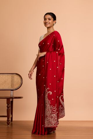 Red  Viscose Satin Embroidered Saree thumbnail image number null