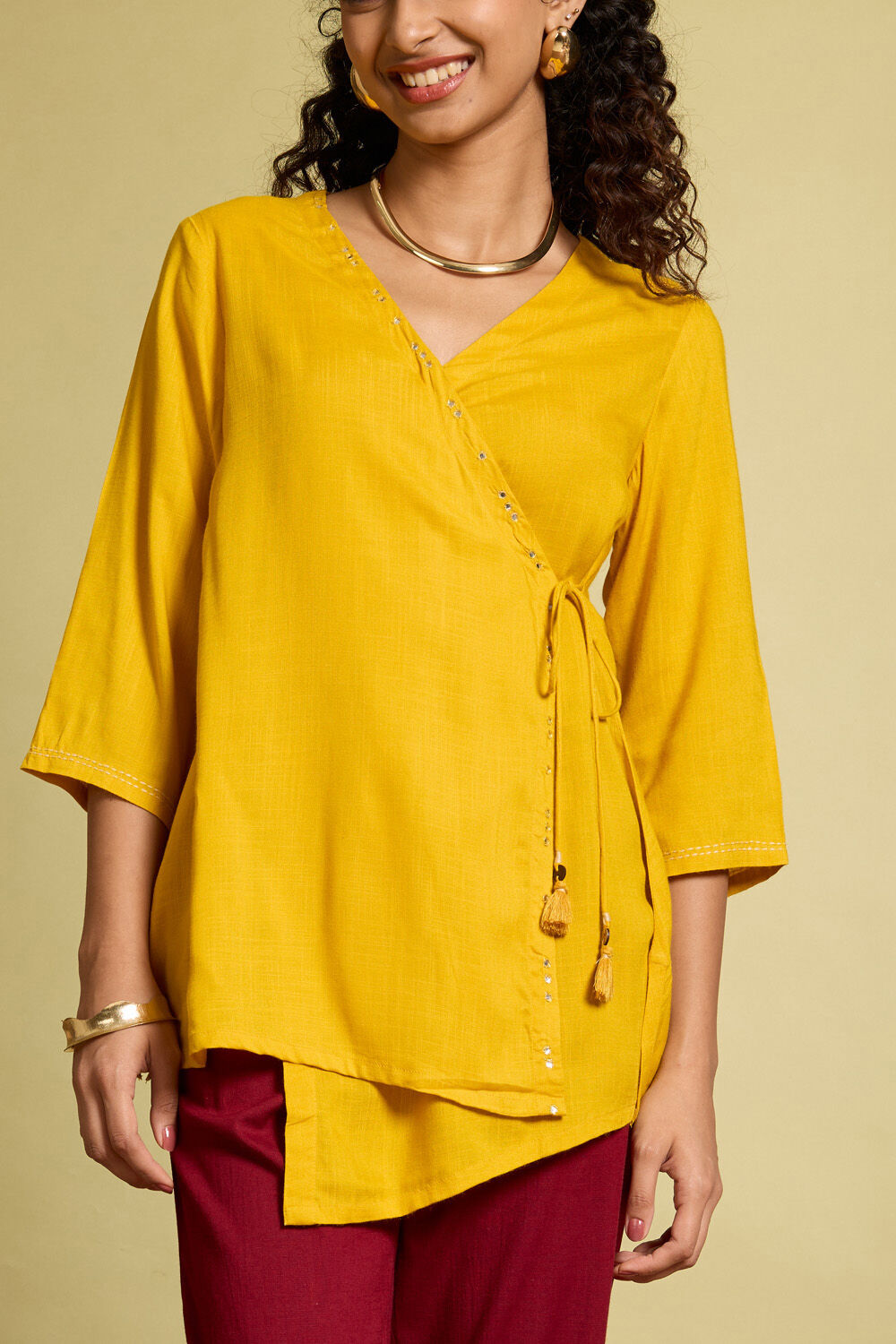 Yellow Viscose Embroidered Short Top image number null