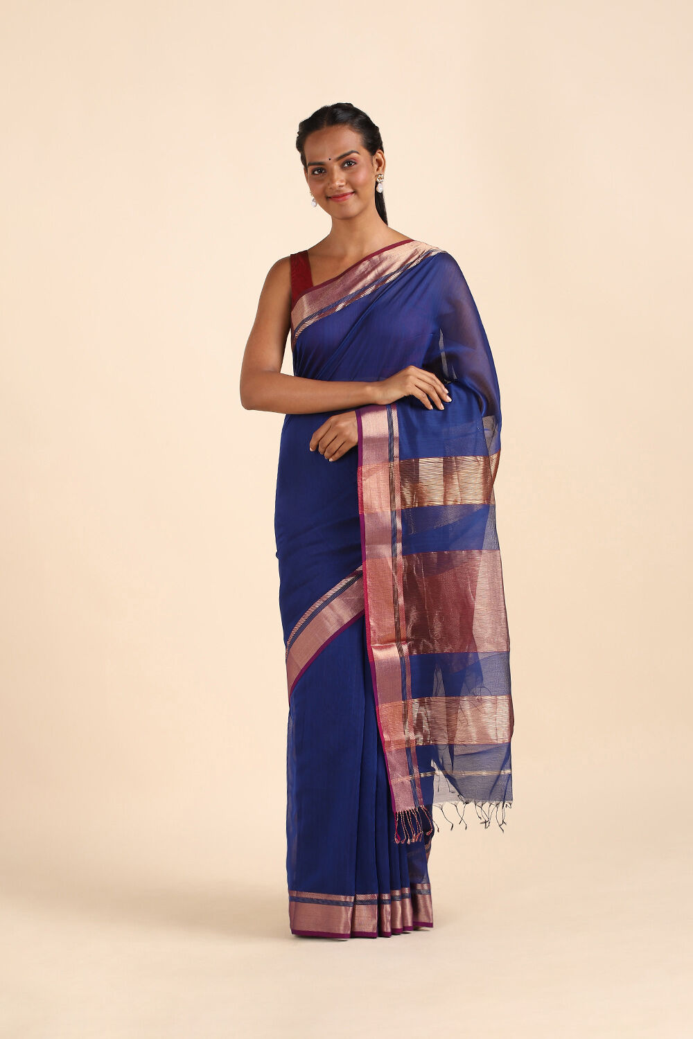 Dark Blue Pure Silk Cotton Maheswari Saree image number null