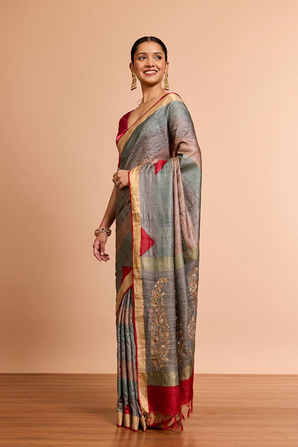 Grey Pure Tussar Silk Embroidered Saree image number null