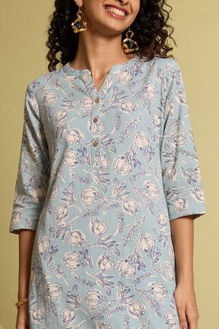 Light Blue Screen Printed Pure Cotton Linen Kurta thumbnail image number null