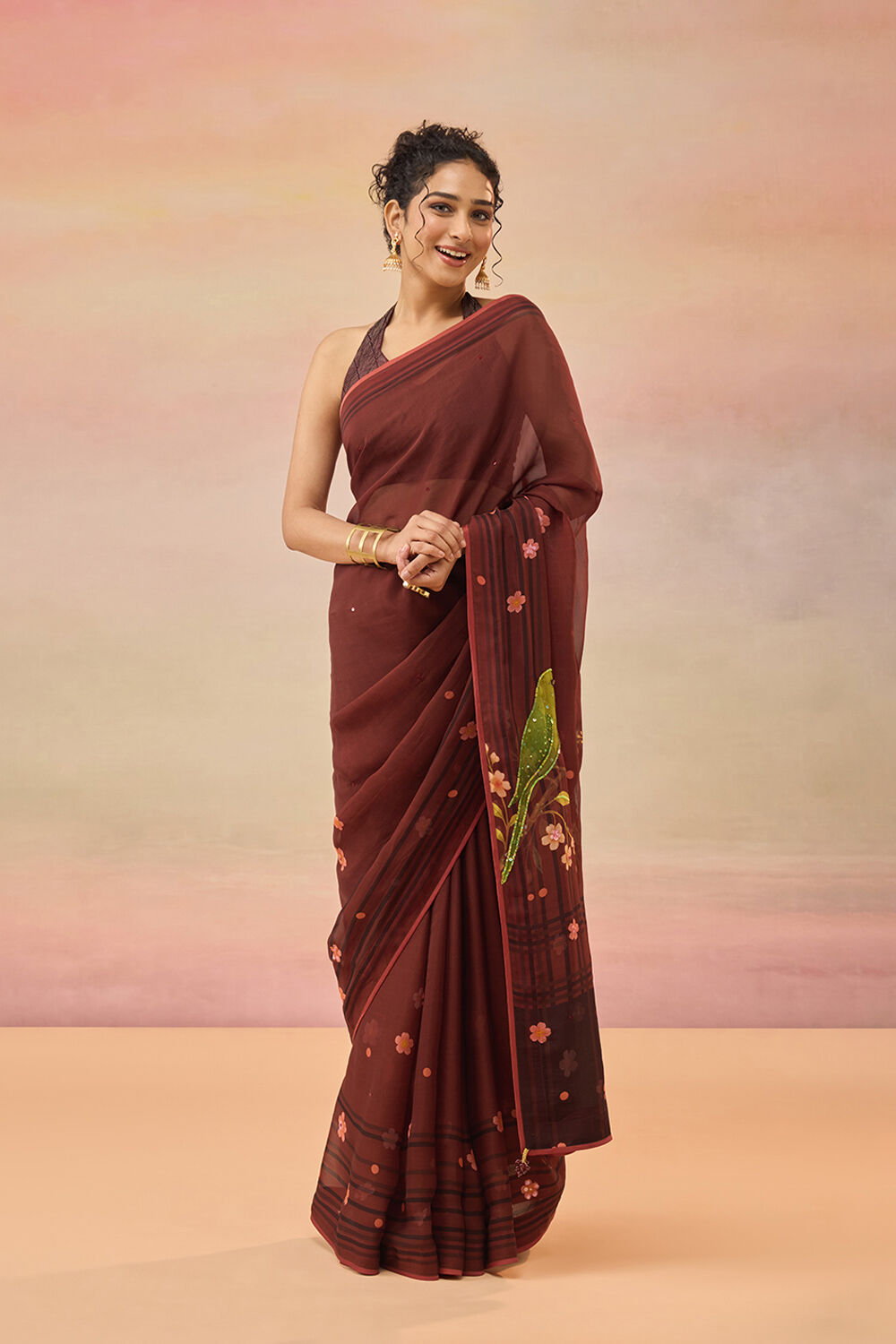 Brown Viscose Organza Embroidered Sequin Saree image number null