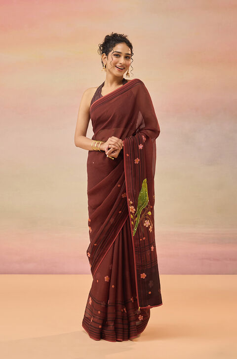 Brown Viscose Organza Embroidered Sequin Saree
