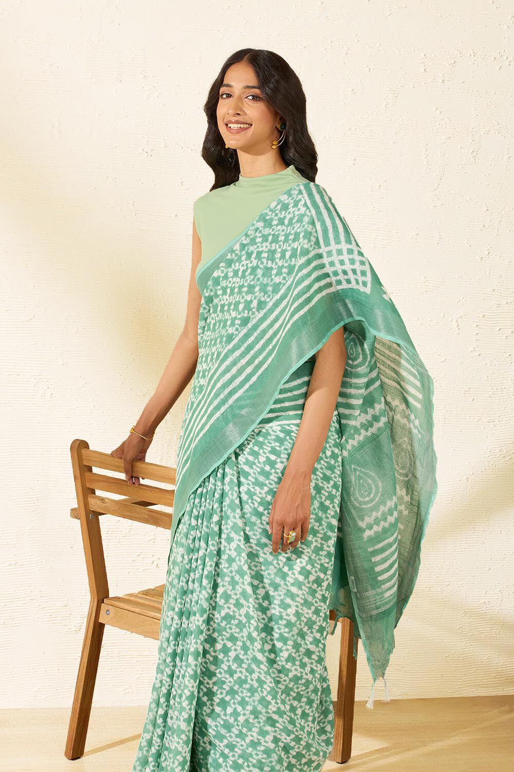 Light Green Block Printed Cotton Viscose Saree image number null