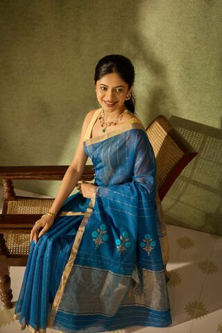 Dark Blue Woven Pure Silk Cotton Chanderi Saree image number