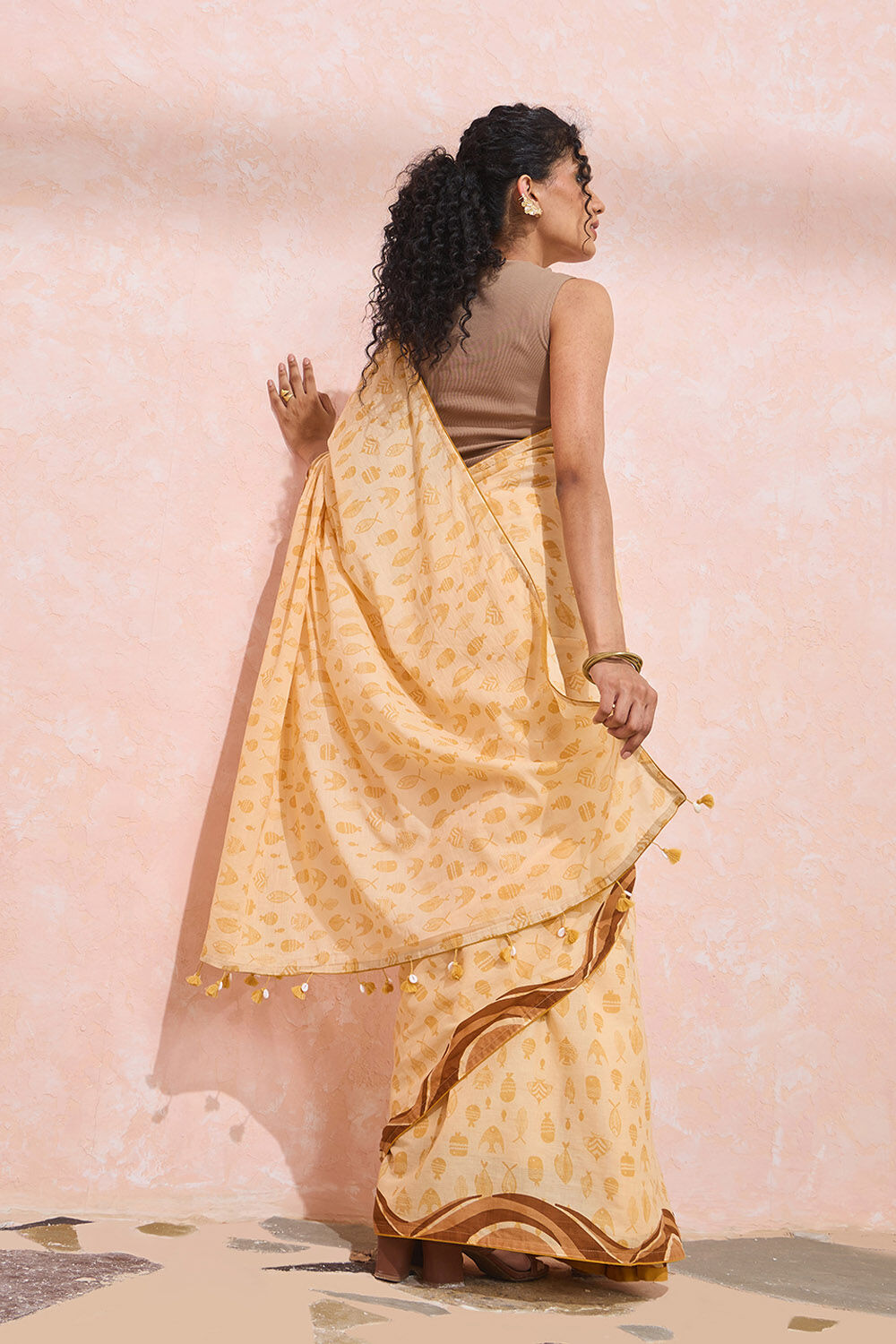 Light Yellow Bengal Screen Printed Pure Mulmul Cotton Saree image number null