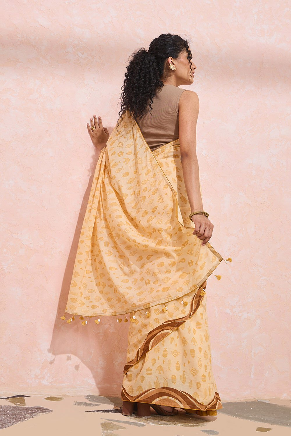 Light Yellow Bengal Screen Printed Pure Mulmul Cotton Saree image number null