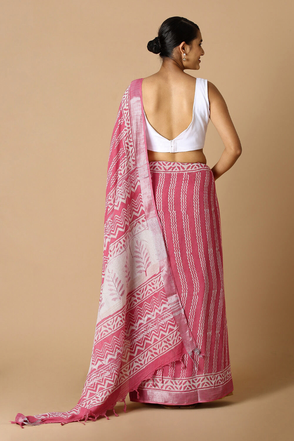 Light Pink Pure Cotton Linen Bagru Printed Saree image number null