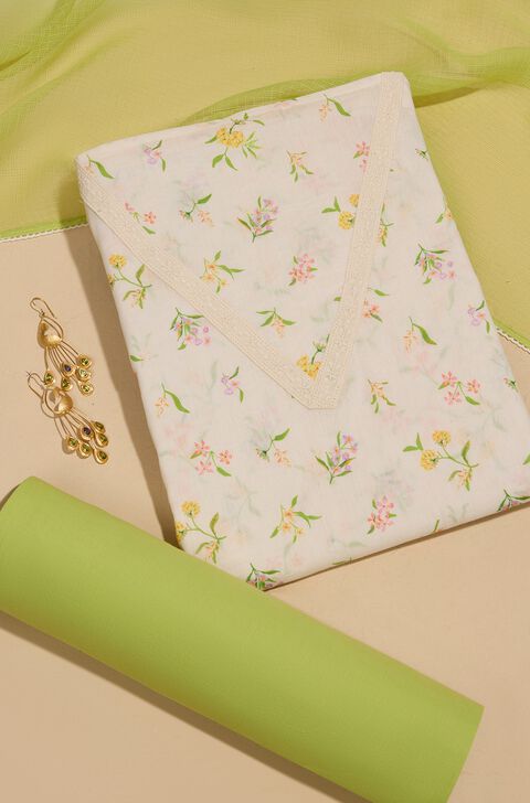 Off White Printed Pure Cotton Unstitched Suit Set