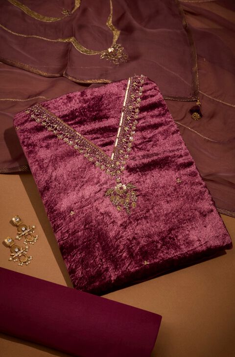 Violet Velvet Embroidered Unstitched Suit Set