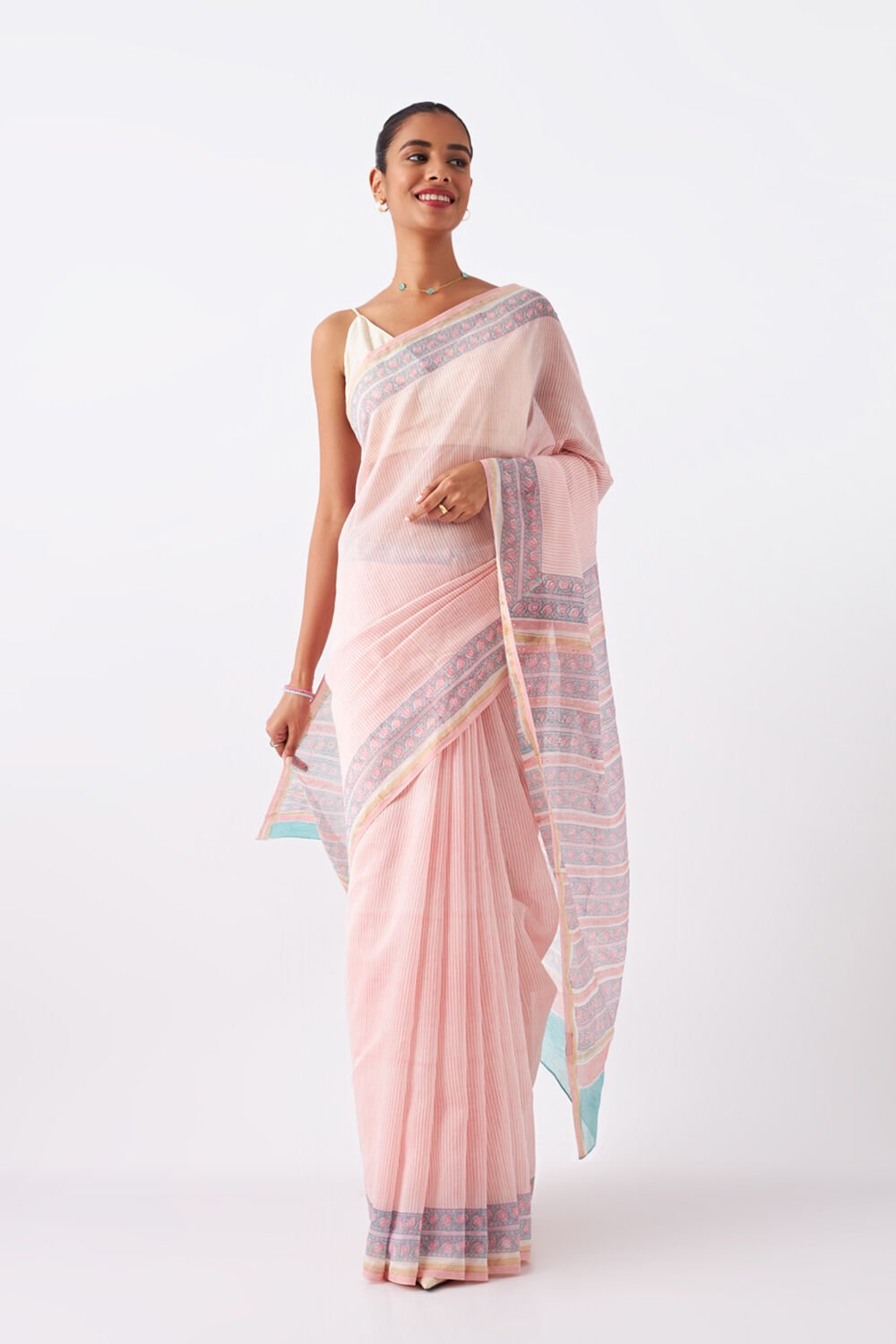 Light Pink Pure Silk Cotton Bagru Print Embroidered Saree image number null