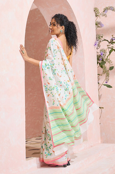 Off White Rajasthan Pure Cotton Printed Sanganeri Saree