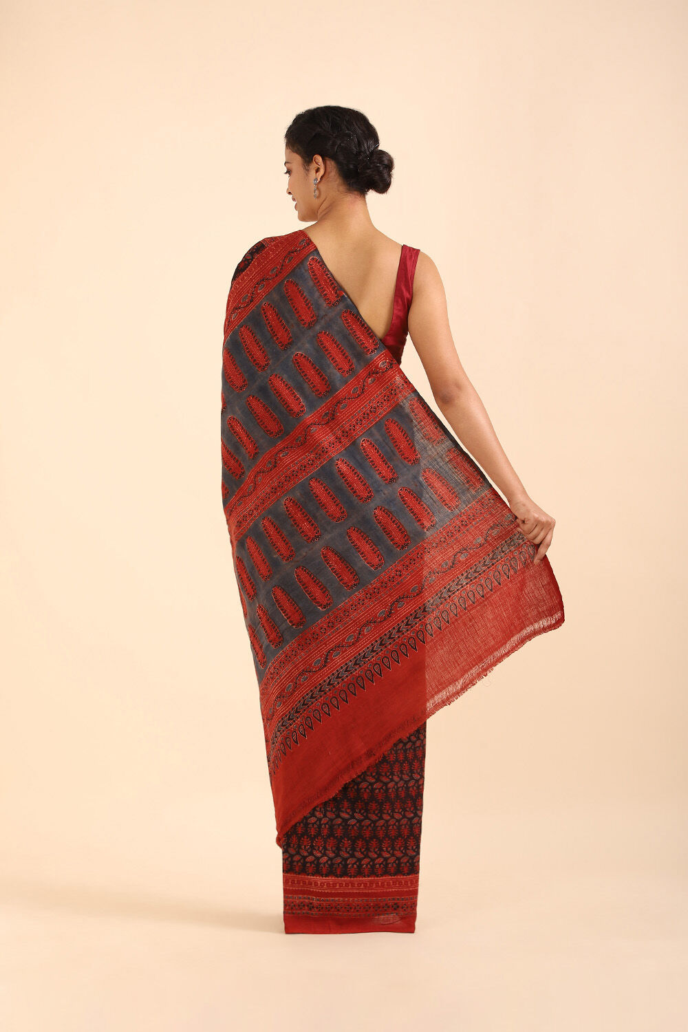 Black Pure Khadi Cotton Ajrakh Printed Saree image number null